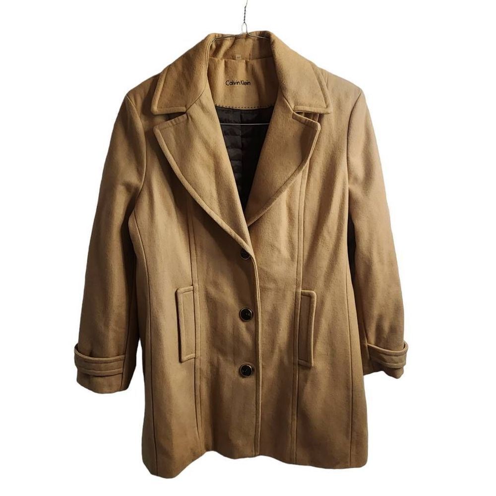Calvin Klein Light Camel Single Breasted Wool Blend Coat EUC Size XXL